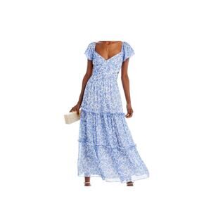 AQUA new with tags flutter puff sleeve tiered blue, white and gold maxi dress